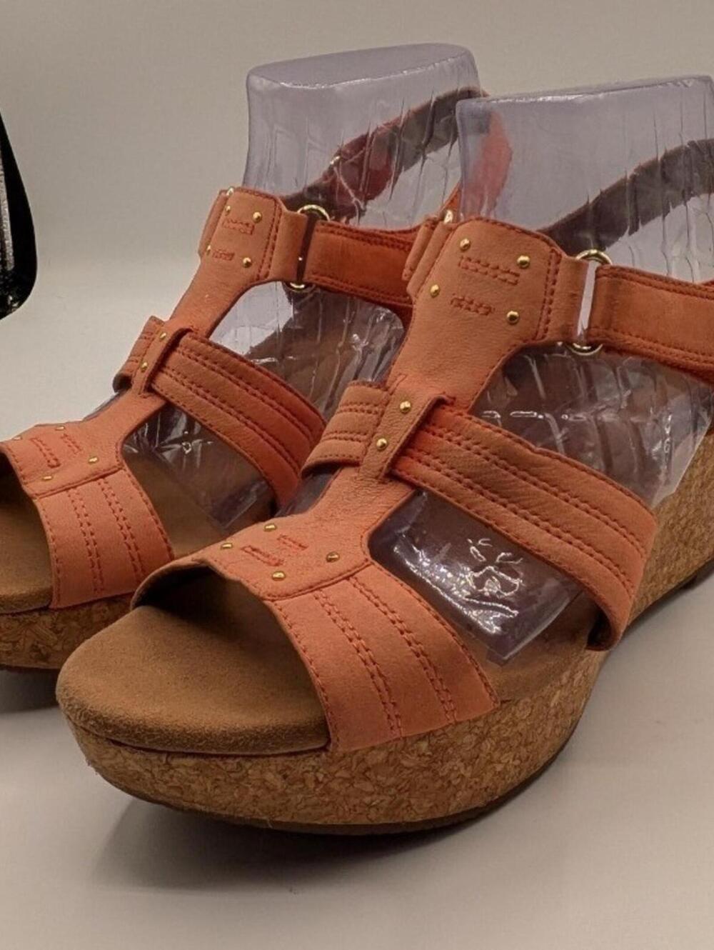 Clarks US 9 Coral Orange Annadel Orchid Platform 3" Cork Wedge Leather Sandals